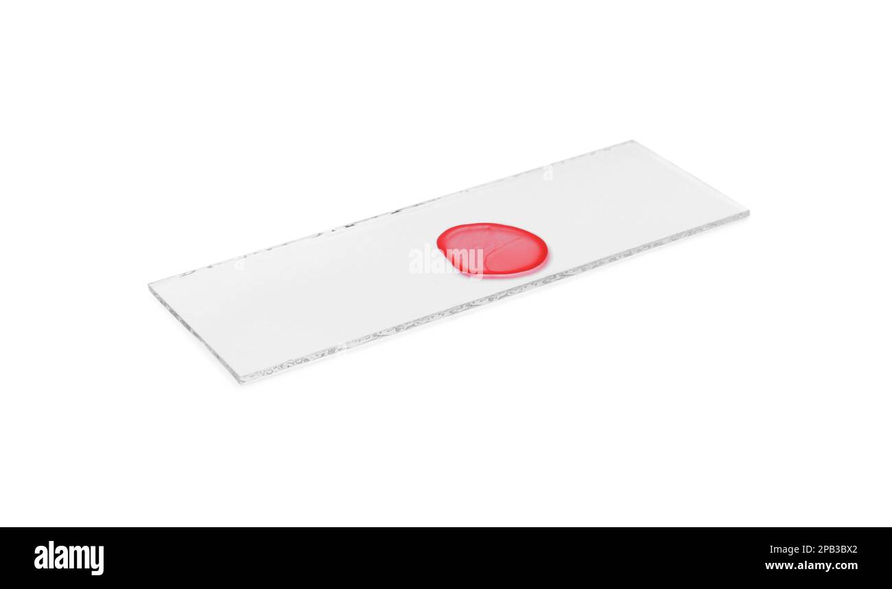 Microscope slide with sample of red liquid isolated on white Stock