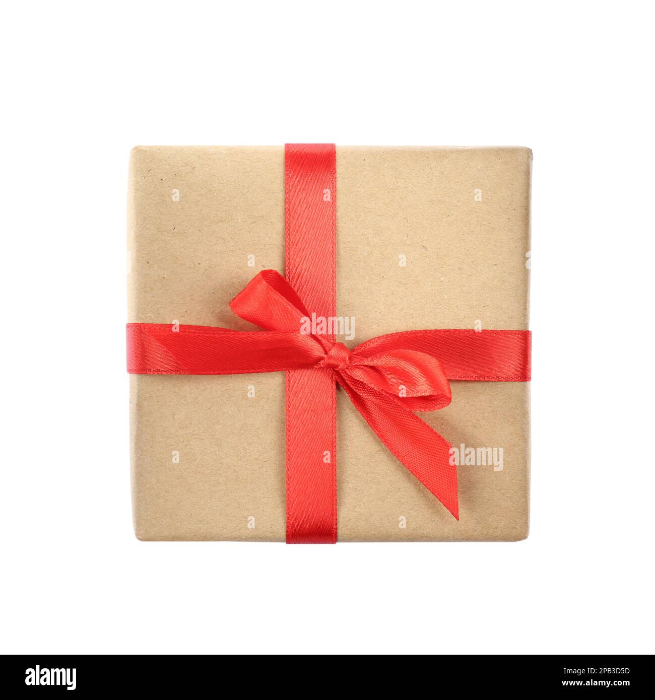 Beautiful gift box with red bow isolated on white, top view Stock Photo ...