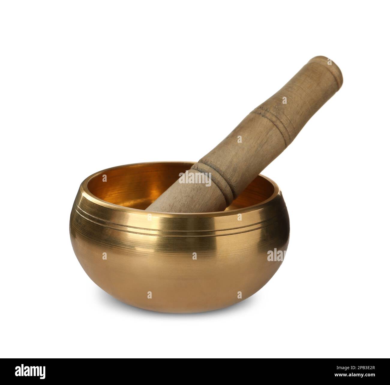 Tibetan singing bowl with wooden mallet isolated on white Stock Photo