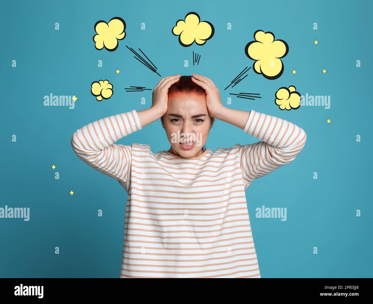 Young woman having headache on light blue background. Illustration of