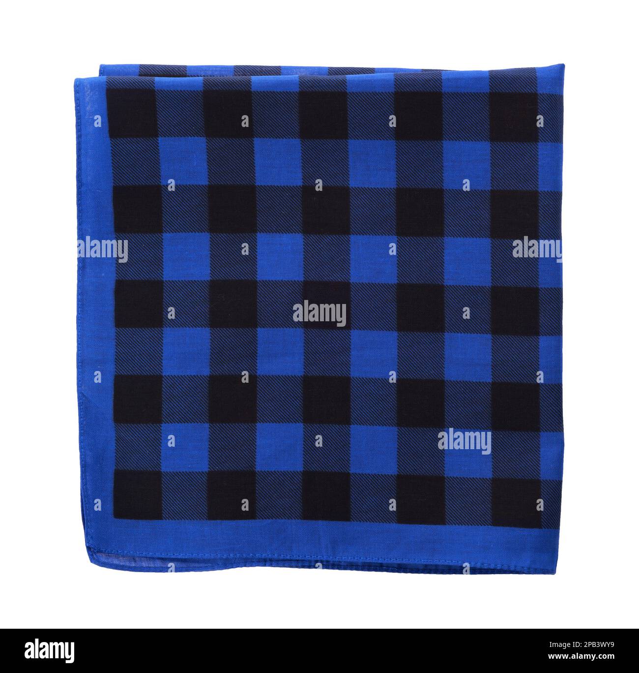 Folded blue bandana with check pattern isolated on white, top view Stock Photo