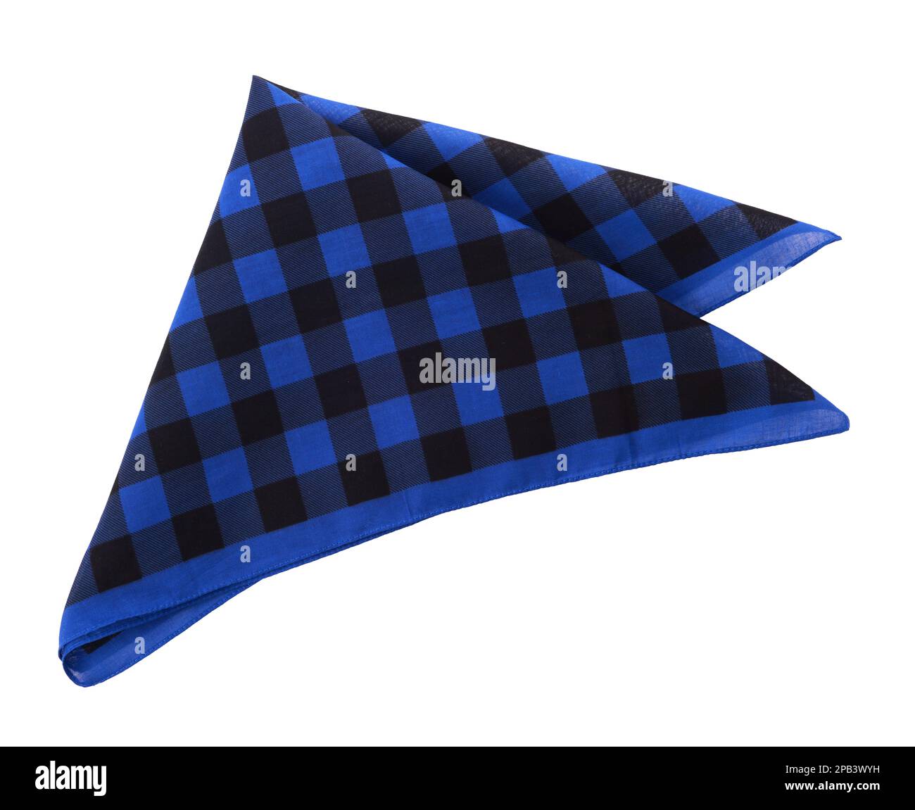 Folded blue bandana with check pattern isolated on white, top view Stock Photo