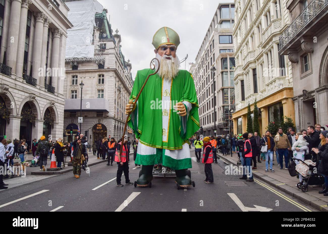 London, UK. 12th March 2023. St Patrick’s Day Parade passes through Piccadilly.  The annual parade takes place in Central London several days before St Patrick's Day, which is celebrated on March 17th. Credit: Vuk Valcic/Alamy Live News Stock Photo