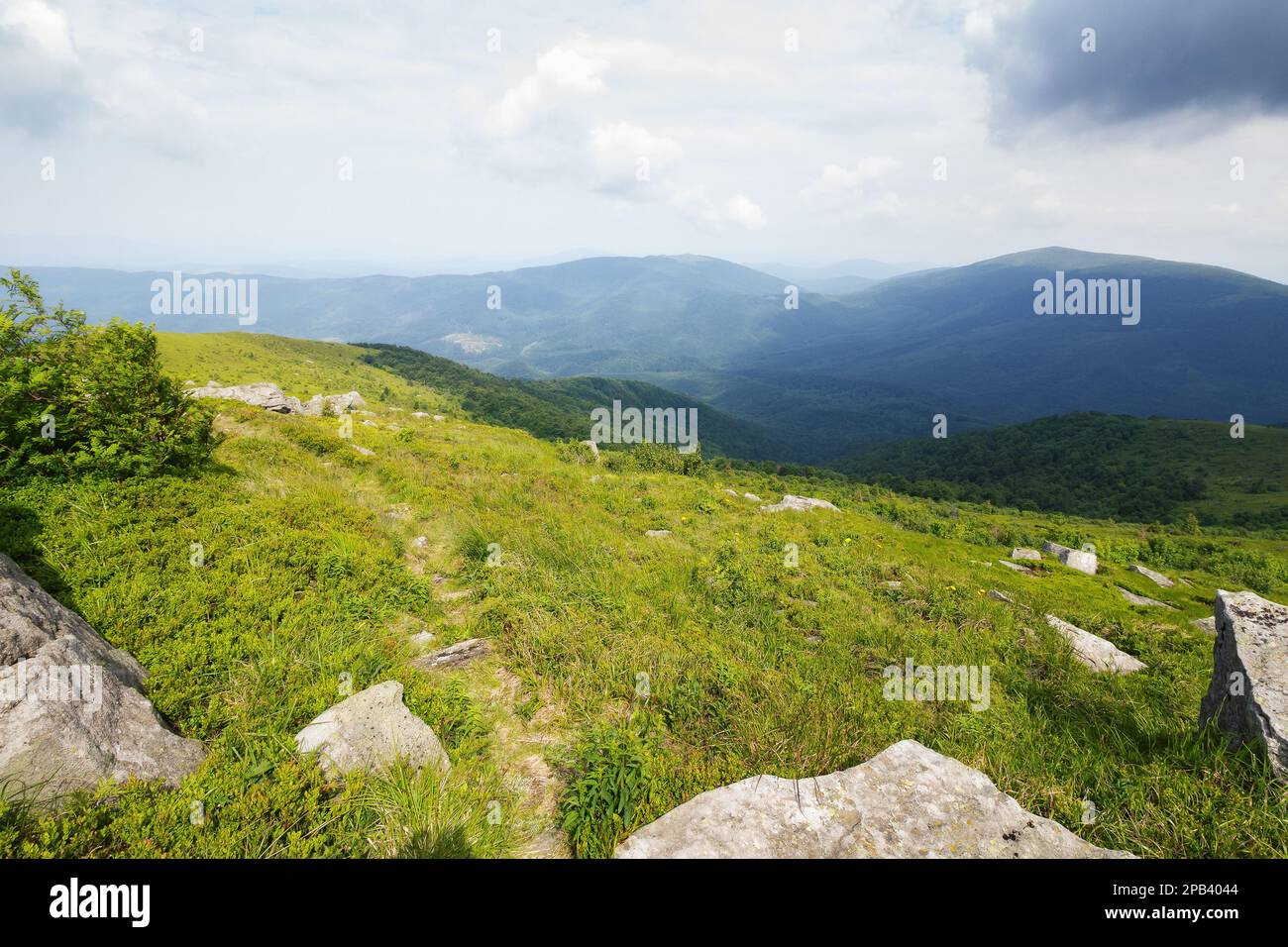 meadow with stones among the grass on hillside. sunny forenoon. mountainous countryside landscape in summer. view in to the distant rural valley in mo Stock Photo