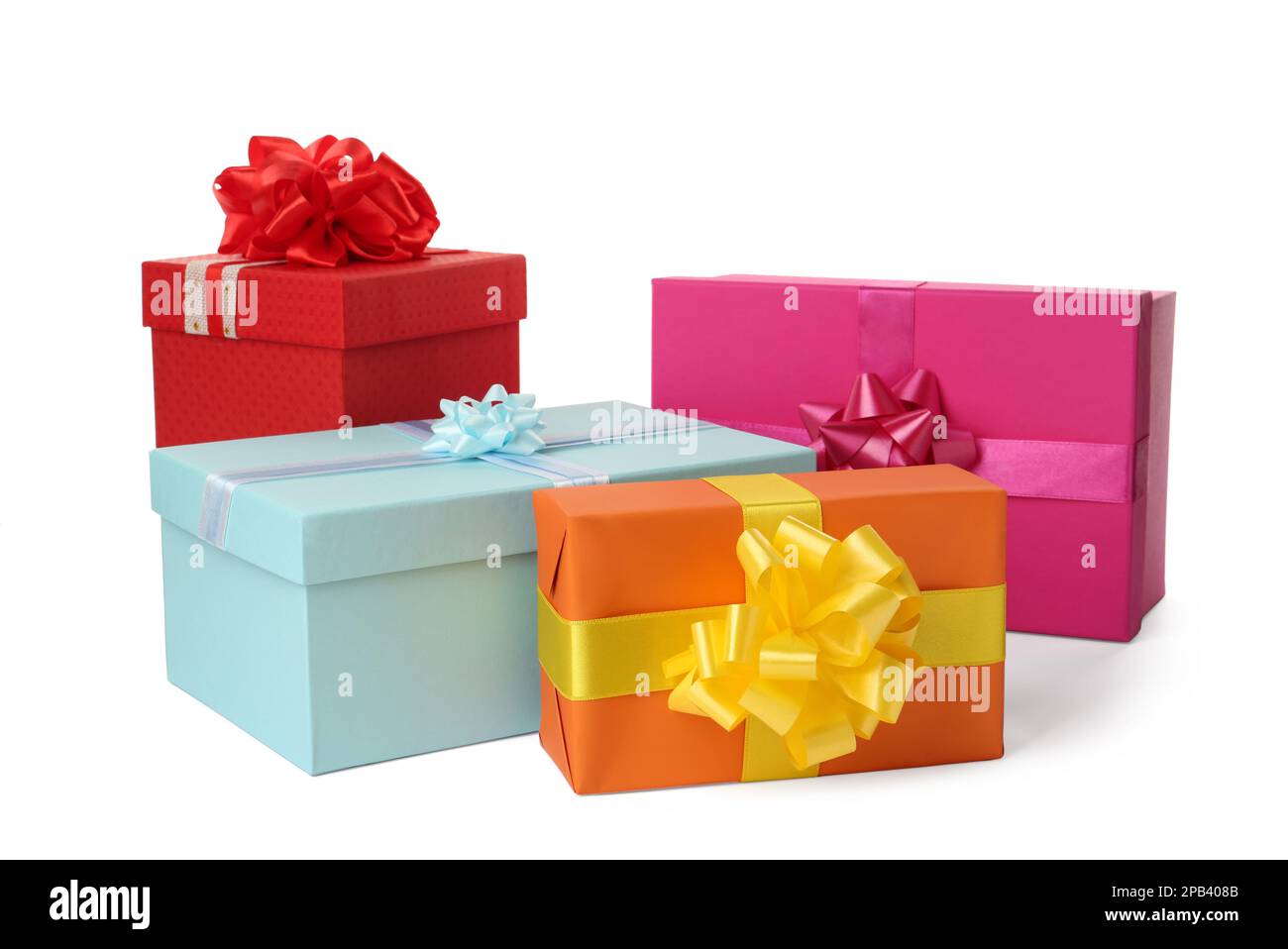 Colorful gift boxes with bows on white background Stock Photo - Alamy