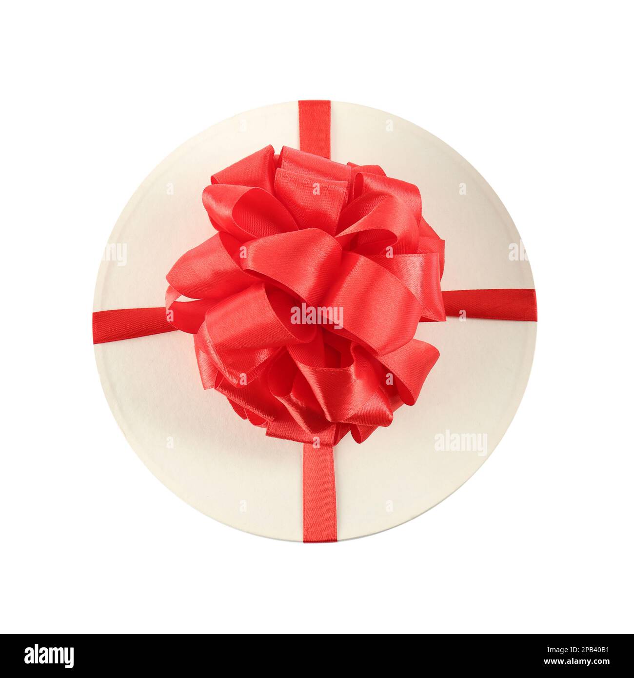 Beautiful gift box with red bow isolated on white, top view Stock Photo ...