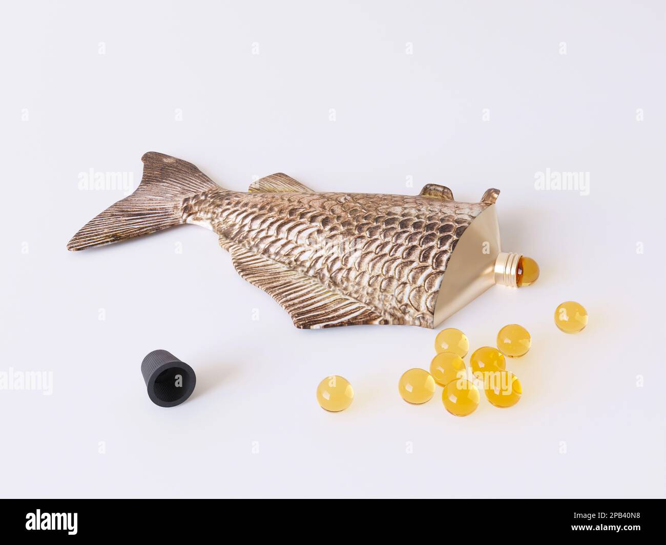 Creative packaging for vitamins, a tube with a lid in the form of a fish. Capsules with fish oil and pills lie on a white background. 3d render Stock Photo