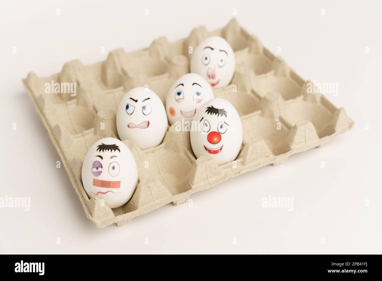 Funny Eggs. Faces on the eggs Eggs Smiles. Studio Stock Photo