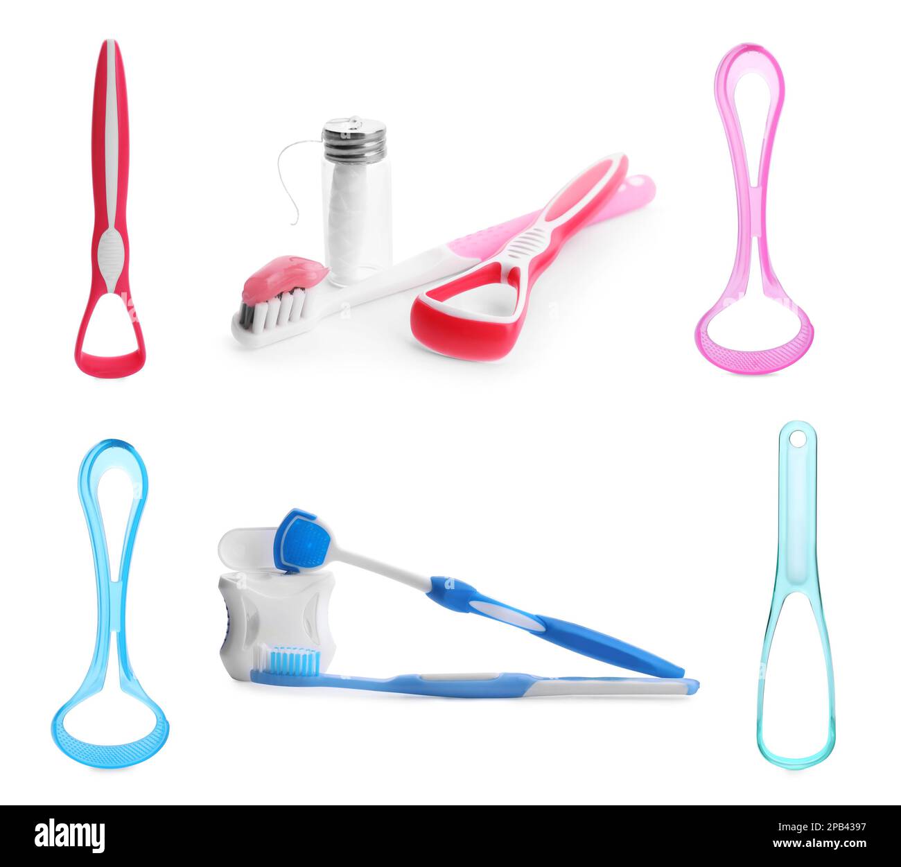 Set with different tongue scrapers, dental floss and toothbrushes on