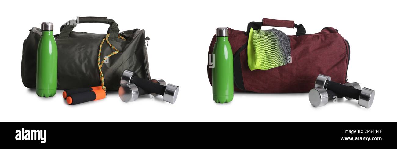 Sports bag and gym equipment on white background, collage. Banner ...