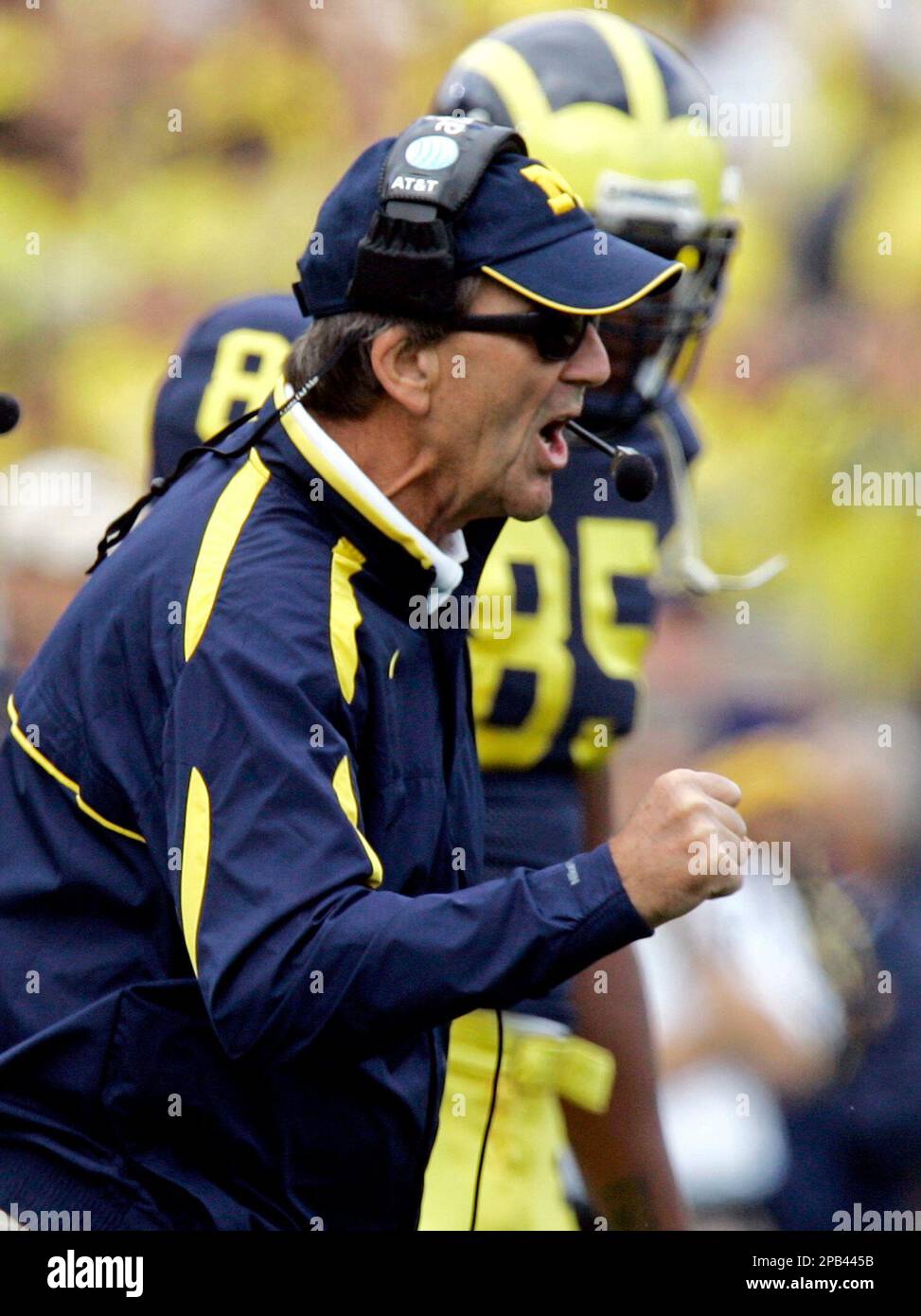 Michigan football coach Lloyd Carr yells from the sidelines during the  first quarter of the football game against Notre Dame at Michigan Stadium  in Ann Arbor, Mich., Saturday, Sept. 15, 2007. (AP