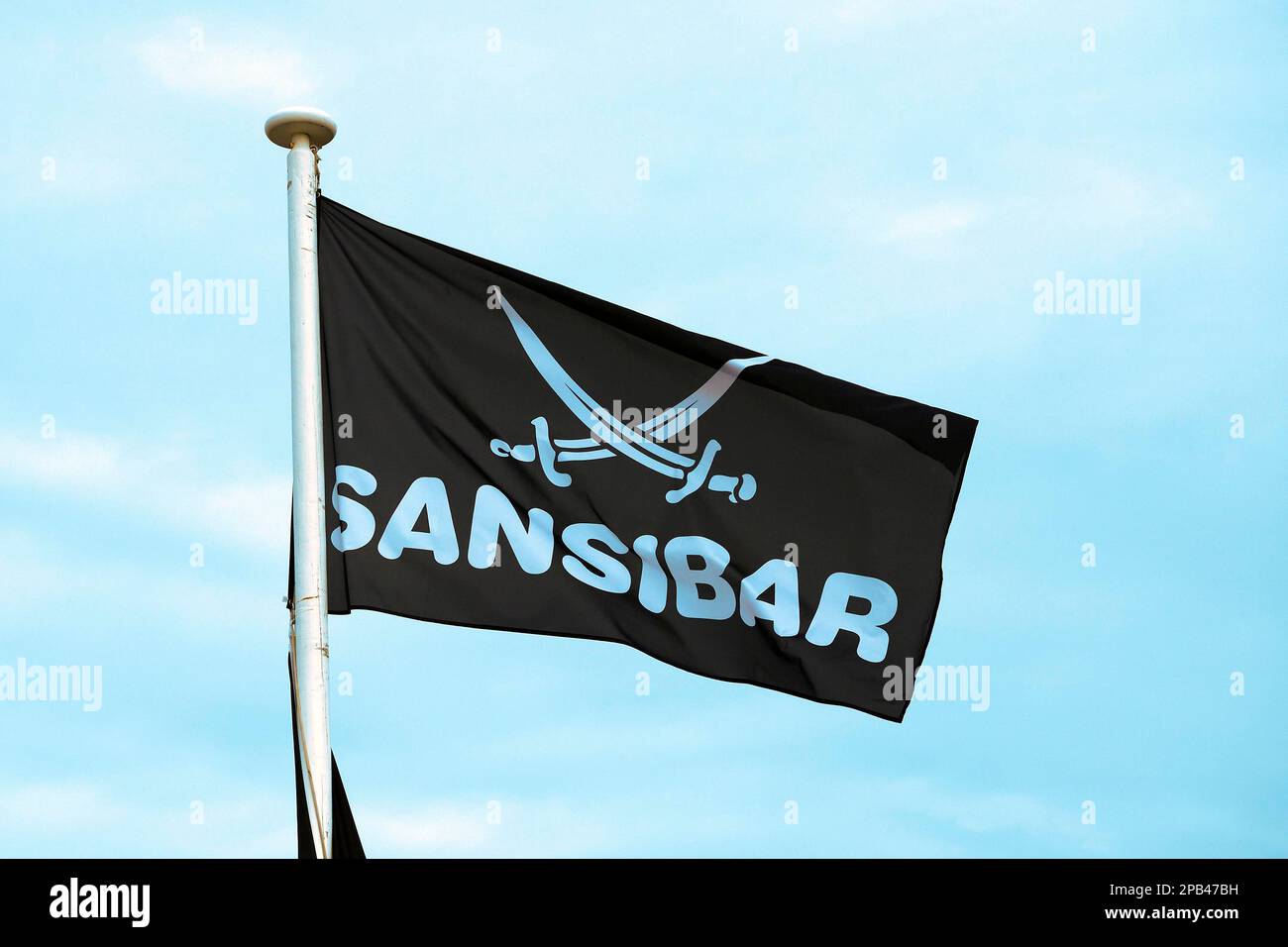 Flag of the cult restaurant Sansibar in the dunes of Rantum, Sylt, North Frisian Islands, North Frisia, Schleswig-Holstein, Germany, Europe Stock Photo