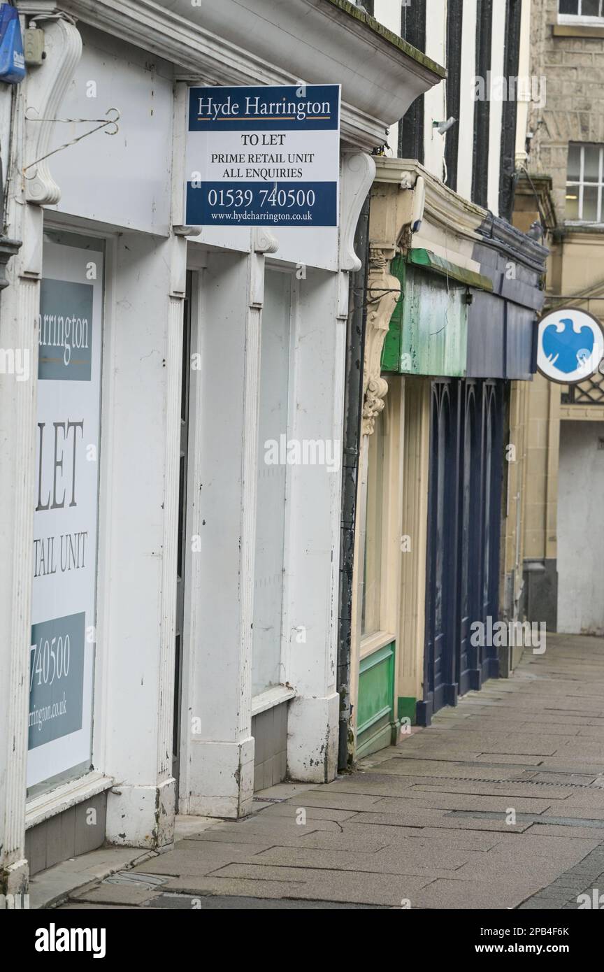 Kendal, Cumbria, 12th March 2023 Empty and unused shops on the High