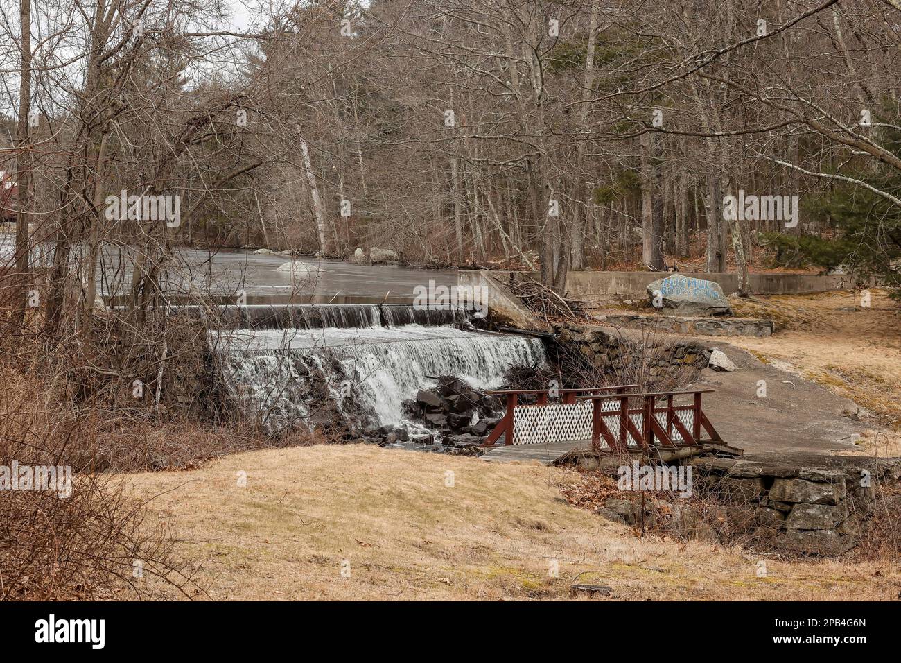 Mostly a gun club and recreation Club in Boston suburbs. This small dam in Upton  is visible from the road. Small wildlife here in Worcester, Mass sub Stock Photo