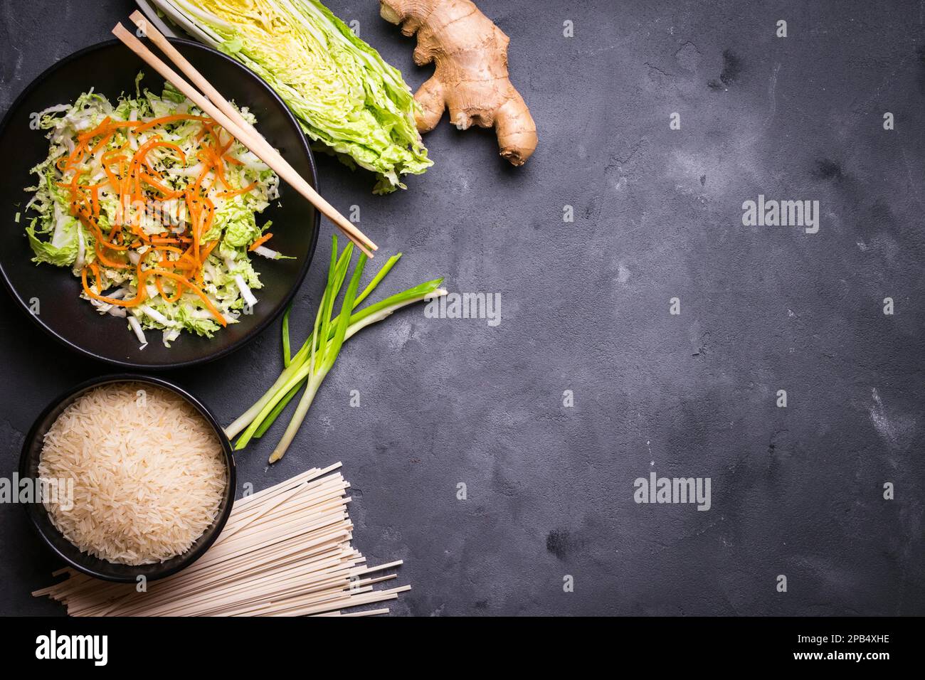 Ingredients for making chinese dinner wheat noodles, rice, napa