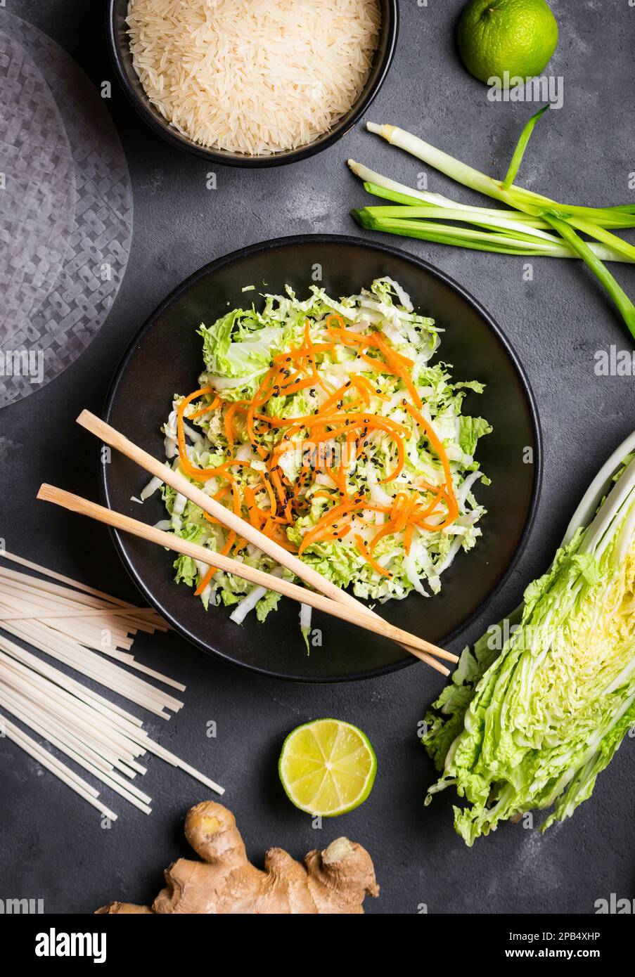 Vietnamese salad. Fresh ingredients for cooking vietnamese dinner rice