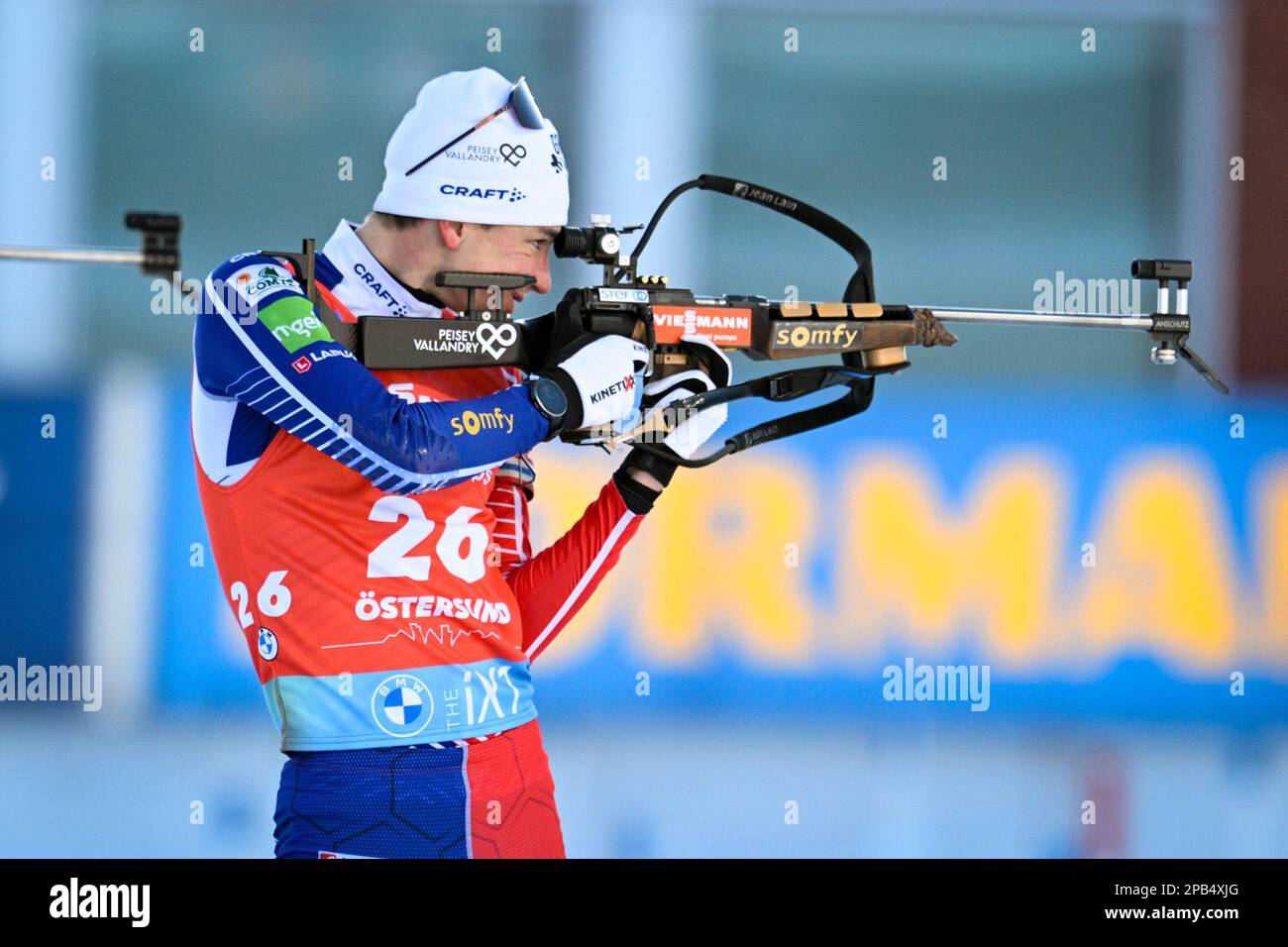 Frances Eric Perrot in action during the Mens IBU Biathlon World Cup mass start event in Ostersund, Sweden, on March 12, 2023.Photo Anders Wiklund / TT / code 10040 Credit TT News