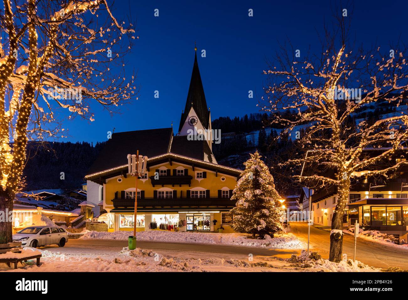 Christmas lights, Neukirchen, Salzburger Land, Austria, Europe Stock Photo