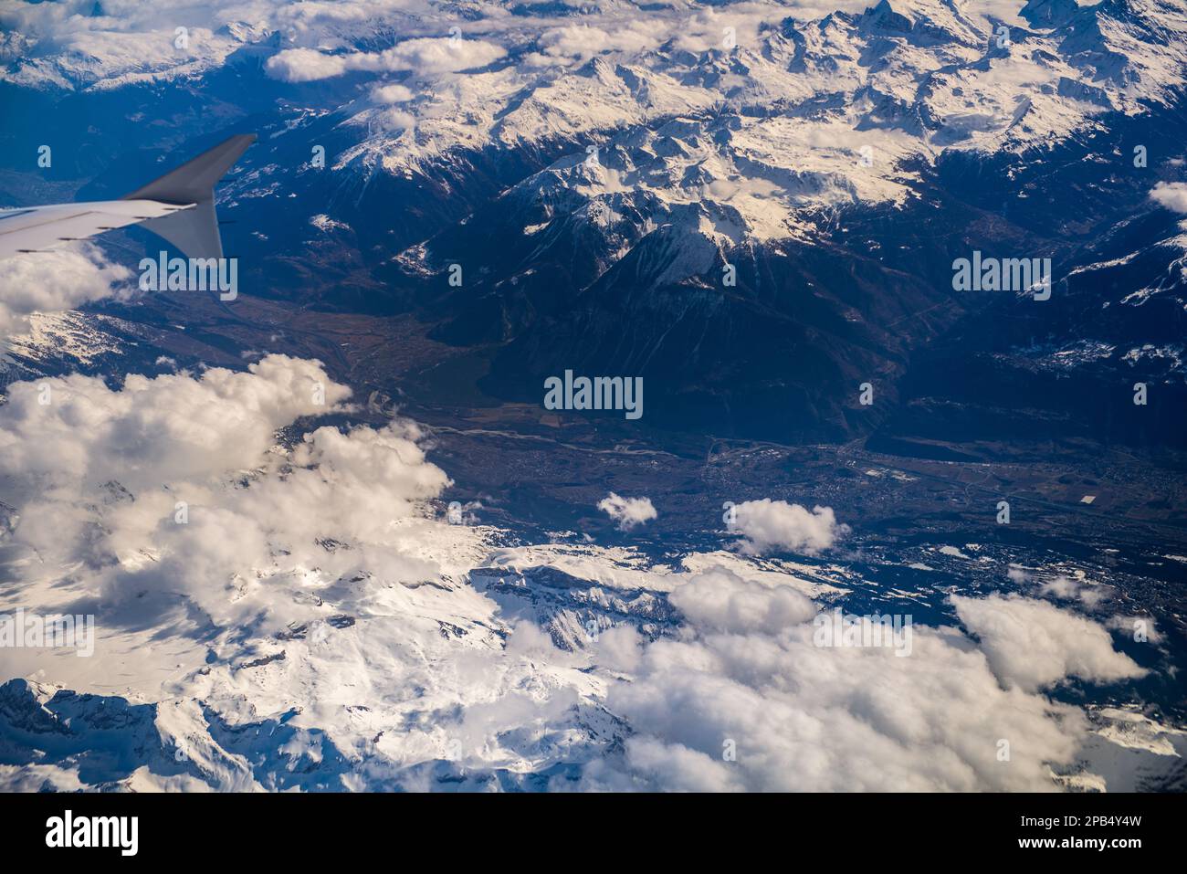 Aerial view of a town in the swiss alps Stock Photo