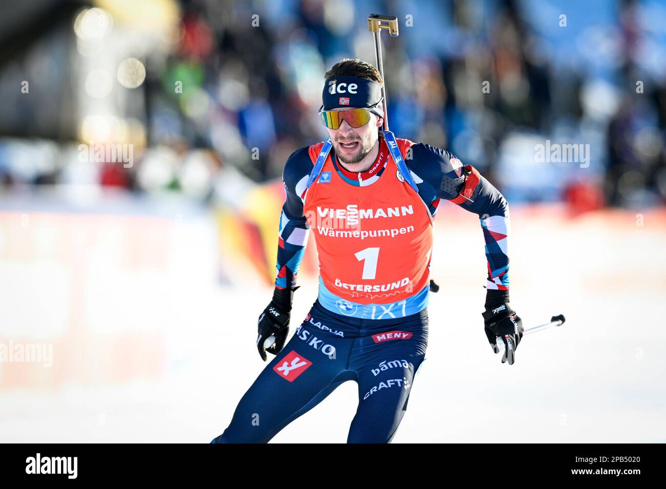 Norway's Sturla Holm Laegreid in action during the Men's IBU Biathlon World  Cup mass start event in Ostersund, Sweden, on March 12, 2023.Photo: Anders  Wiklund / TT / code 10040 Credit: TT