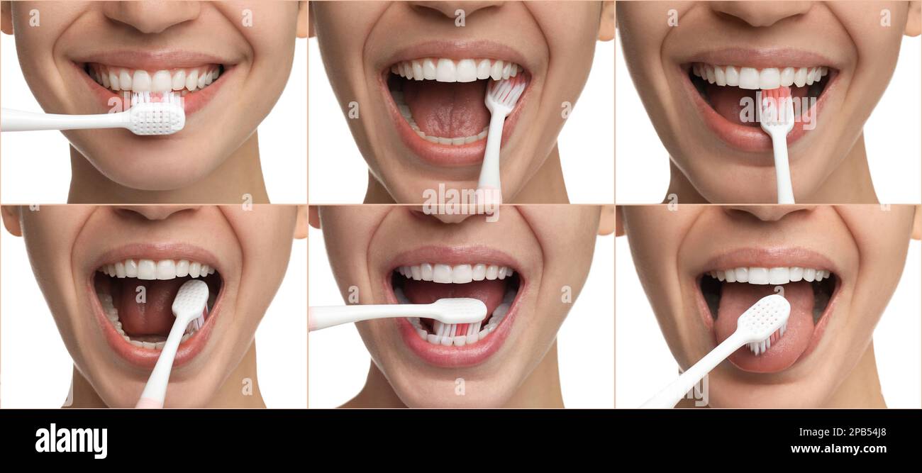 Collage with photos of woman brushing teeth on white background, closeup. Dental care, step by