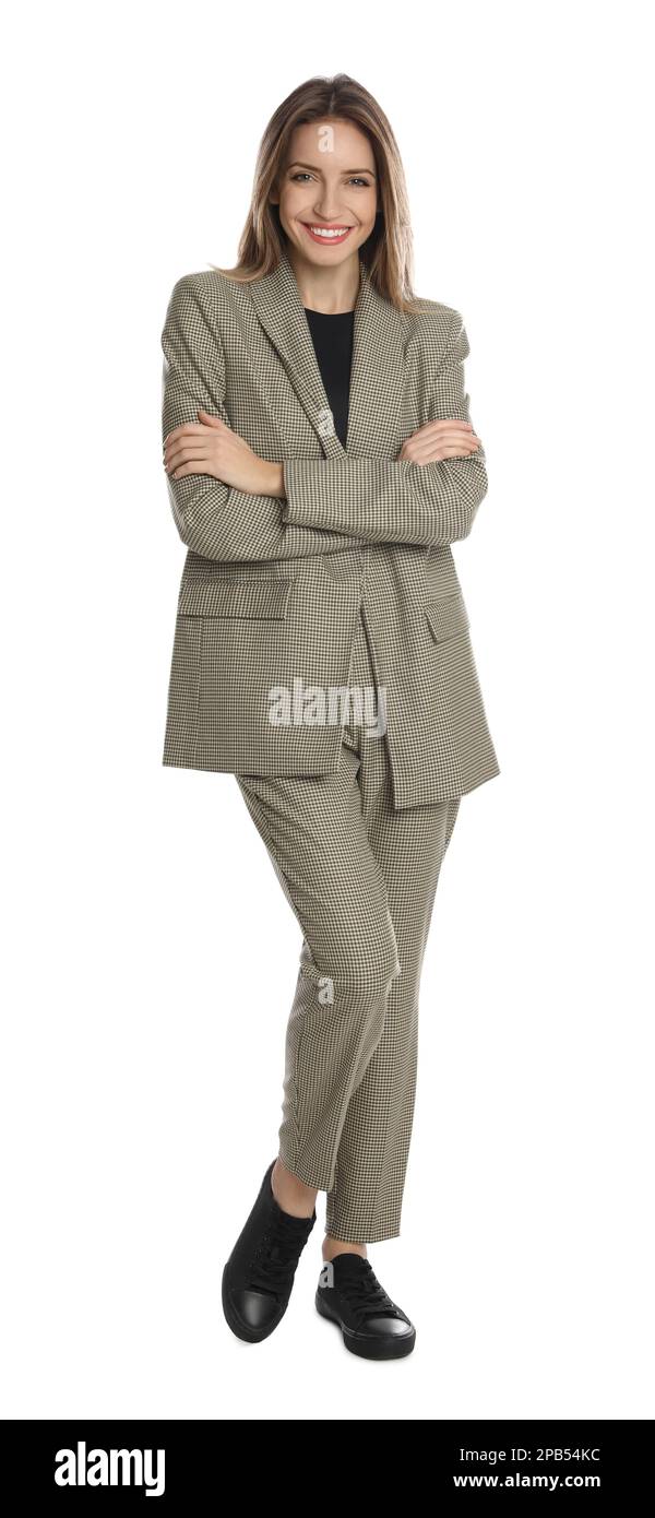 Full length portrait of beautiful young woman in fashionable suit on white background. Business attire Stock Photo