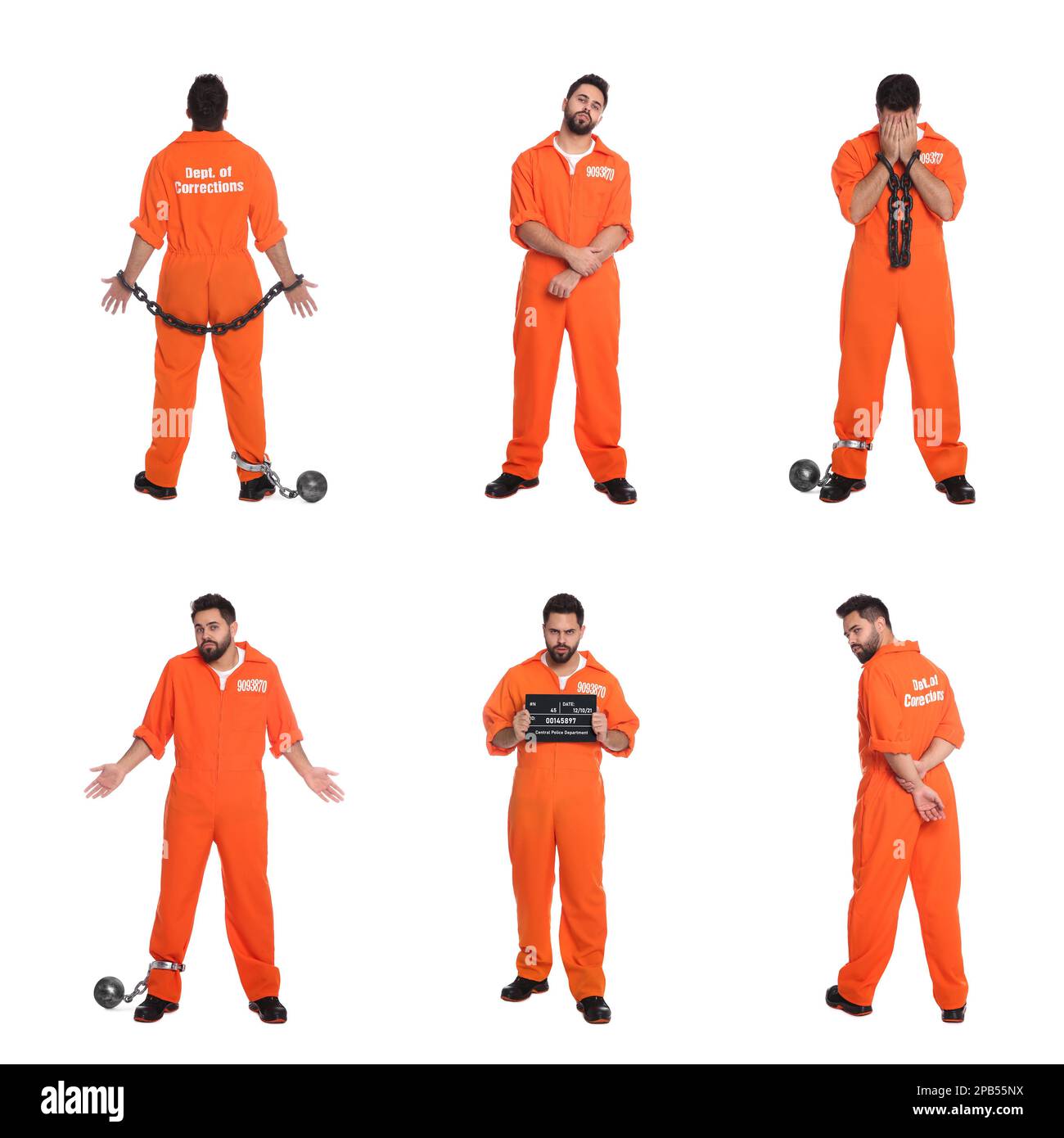Collage with photos of prisoner on white background Stock Photo