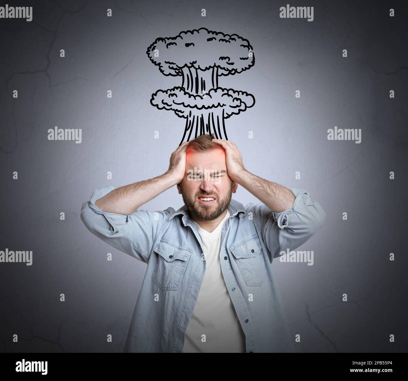 Young man having headache on light grey background. Illustration of