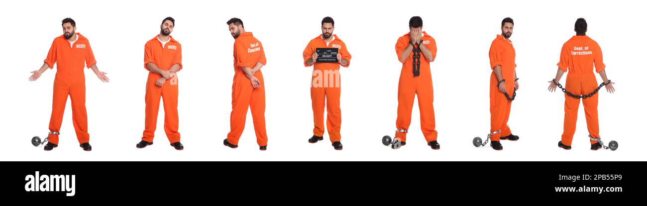 Collage with photos of prisoner on white background. Banner design Stock Photo
