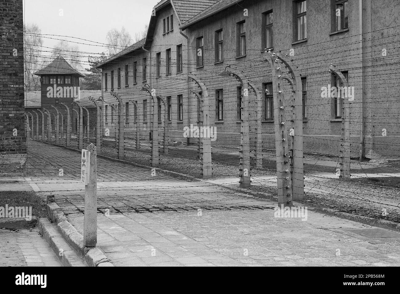 View of Auschwitz camp buildings in nazi death camp in Poland Stock Photo