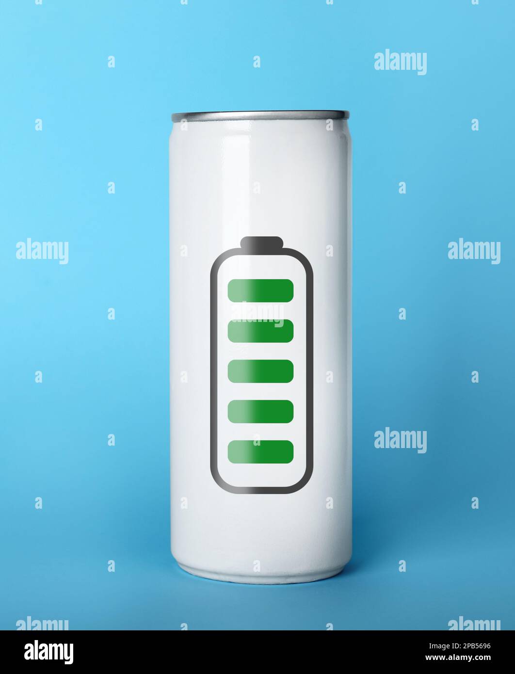 Can of energy drink with picture of fully charged battery on light blue
