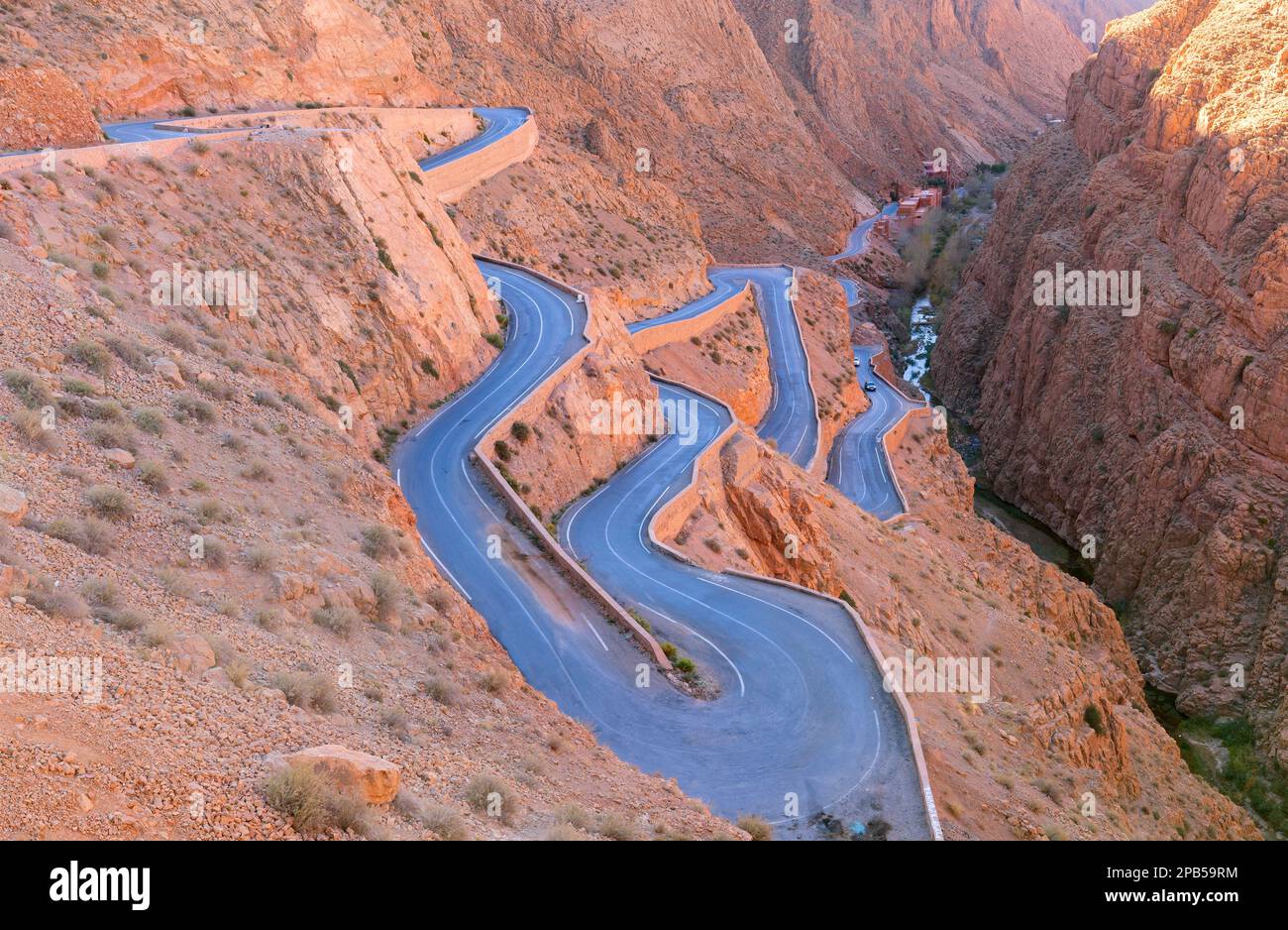 Aerial view of the famous Dades Georges valley, and a traditional Tisdrine Pass winding road among the Atlas mountains peak, in Morocco Stock Photo