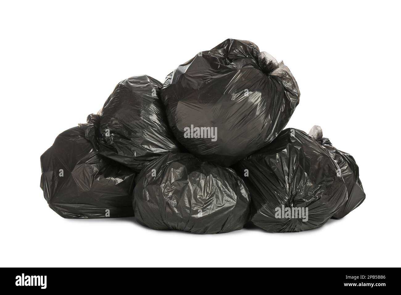 Black trash bags filled with garbage on white background Stock Photo Alamy