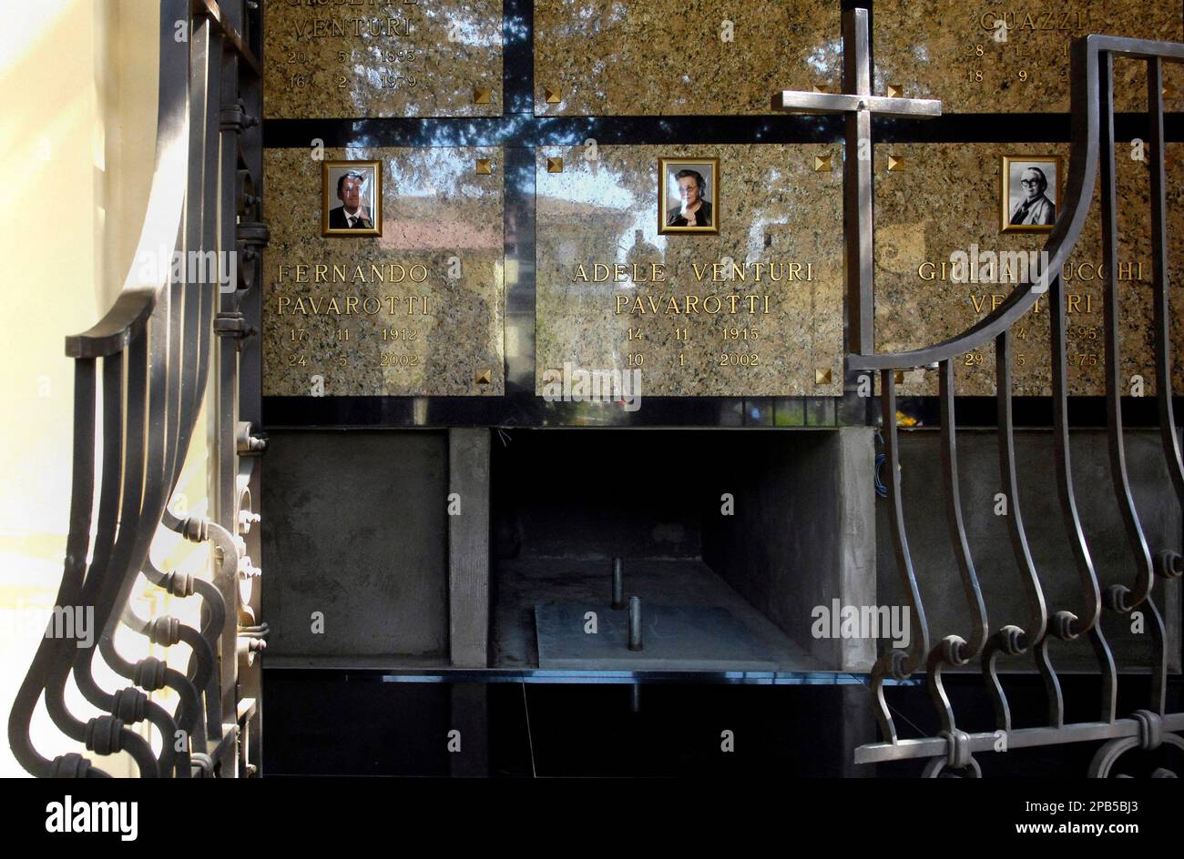 A view of the open tomb in the Pavarotti family private chapel in the