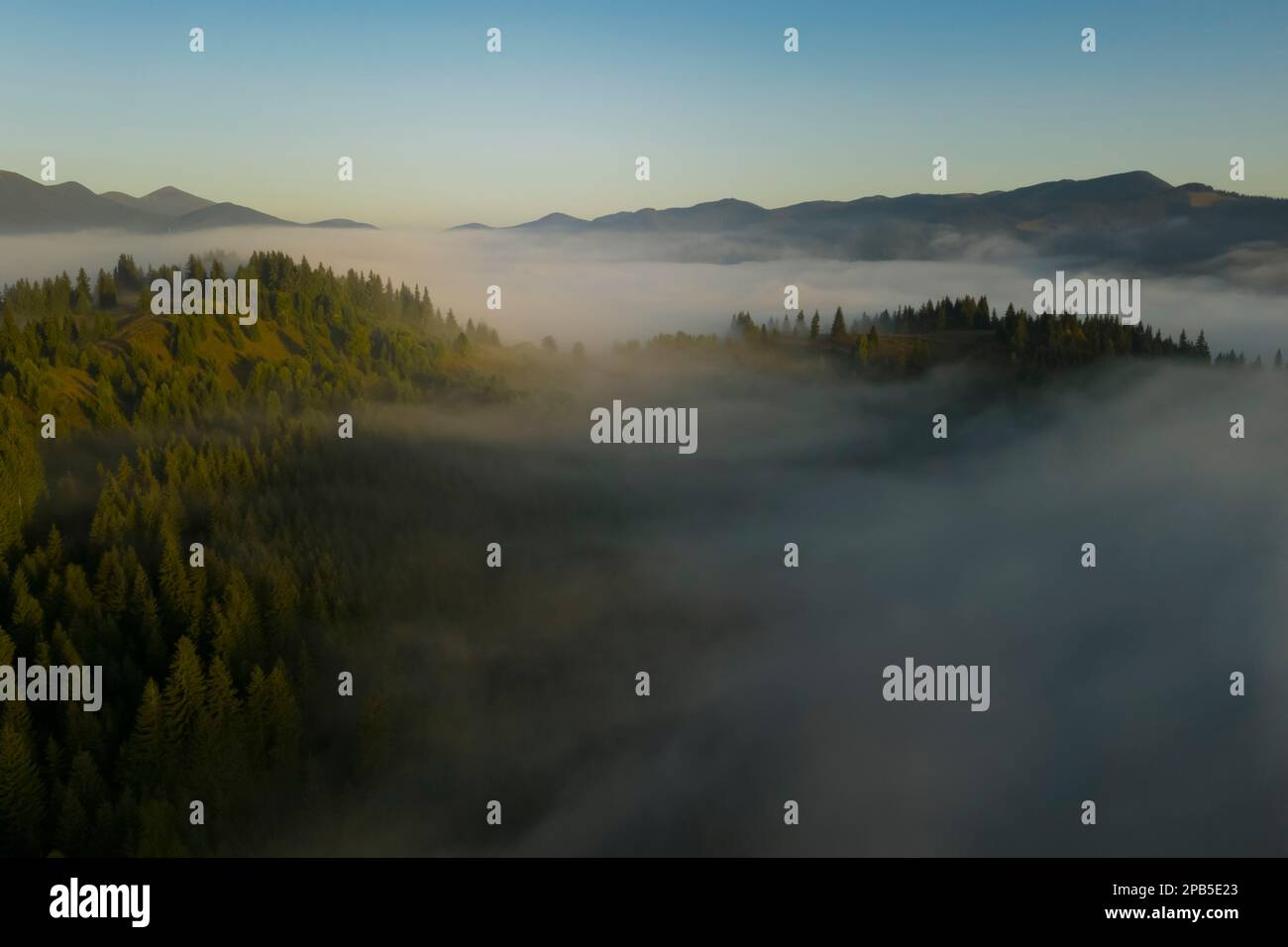 Aerial view of beautiful landscape with misty forest in mountains Stock ...