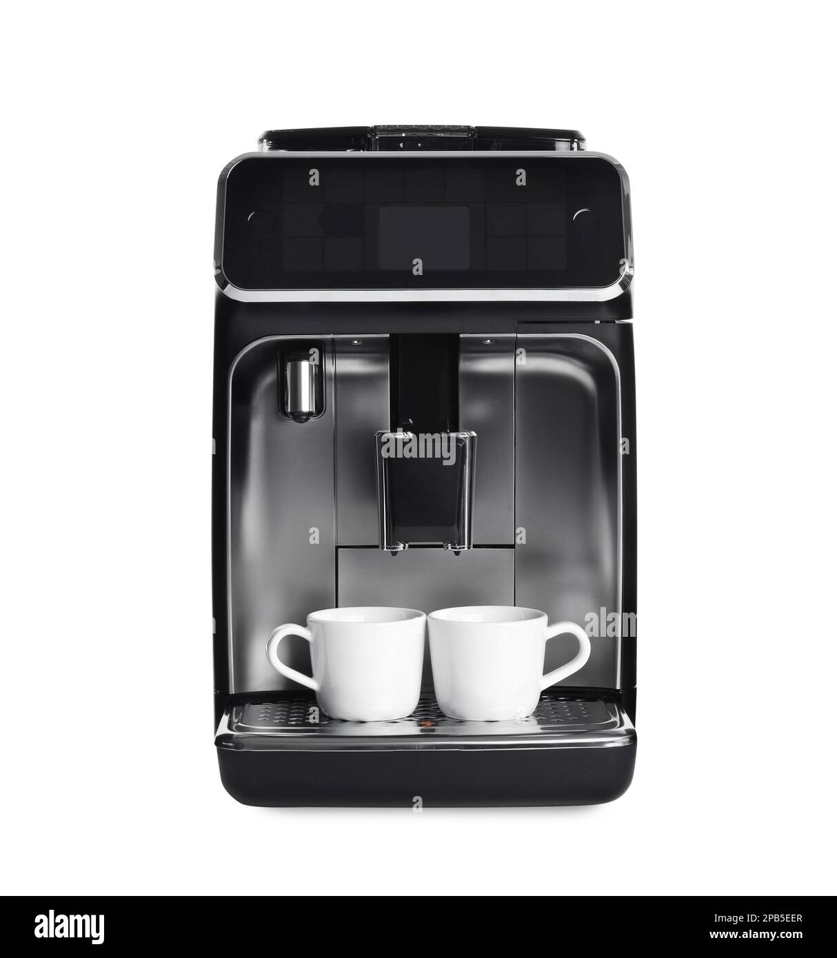 Modern electric coffee machine with cups isolated on white Stock Photo Alamy
