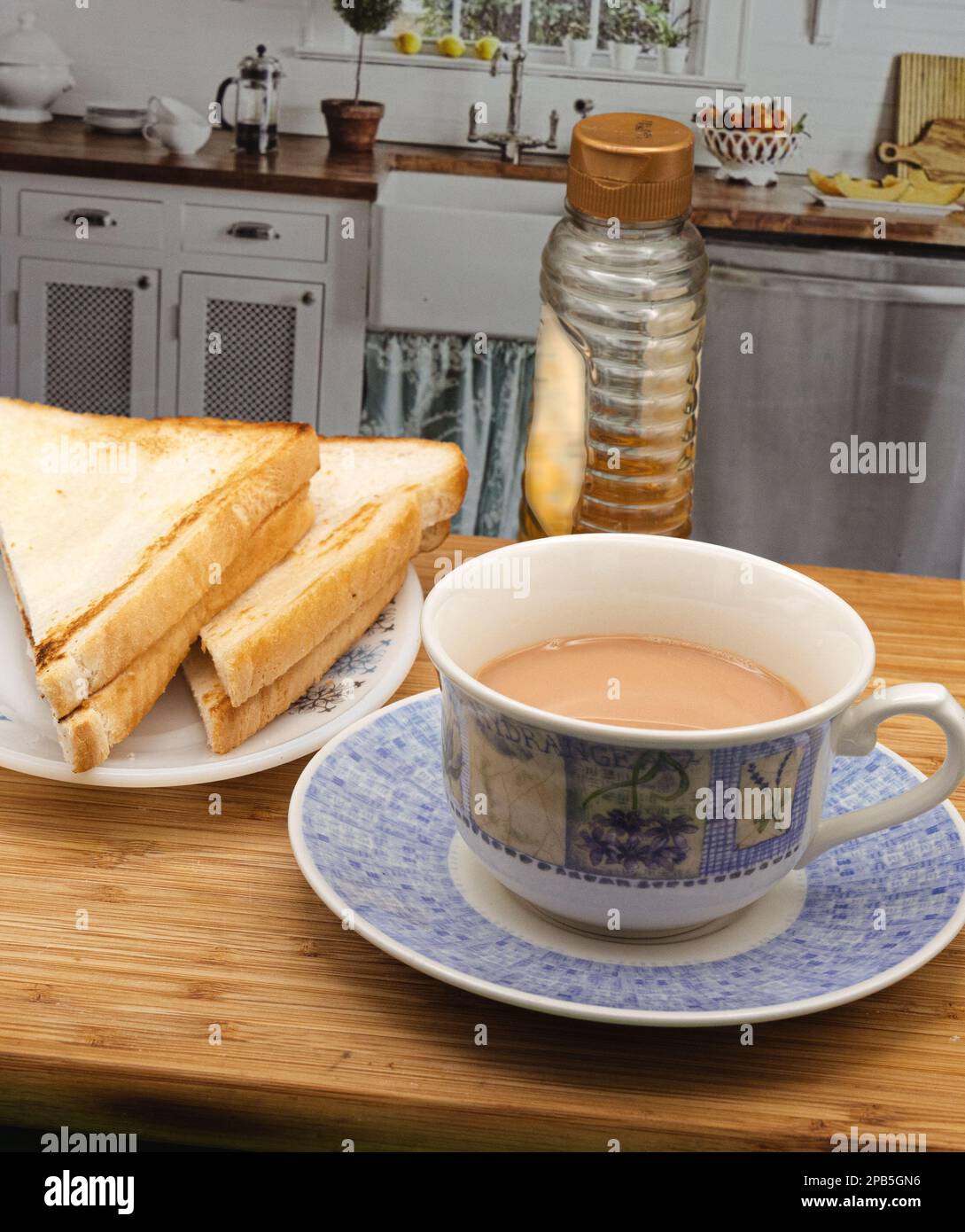 English Breakfast - Tea with Egg and Toast , Honey / Jam Stock Photo