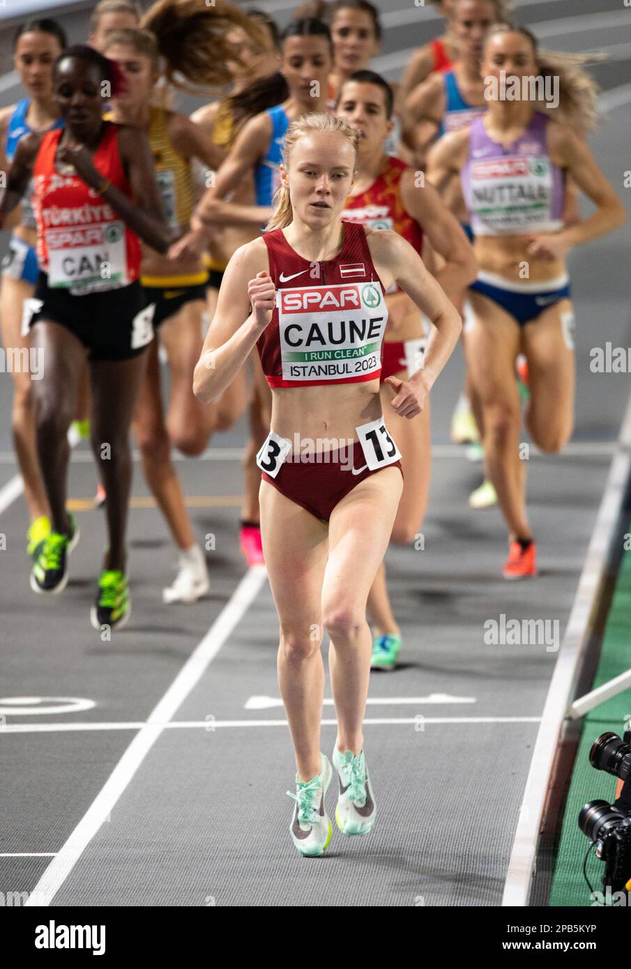 Agate Caune of Latvia competing in the women’s 3000m final on Day 3 of the European Indoor Athletics Championships at Ataköy Athletics Arena in Istanb Stock Photo