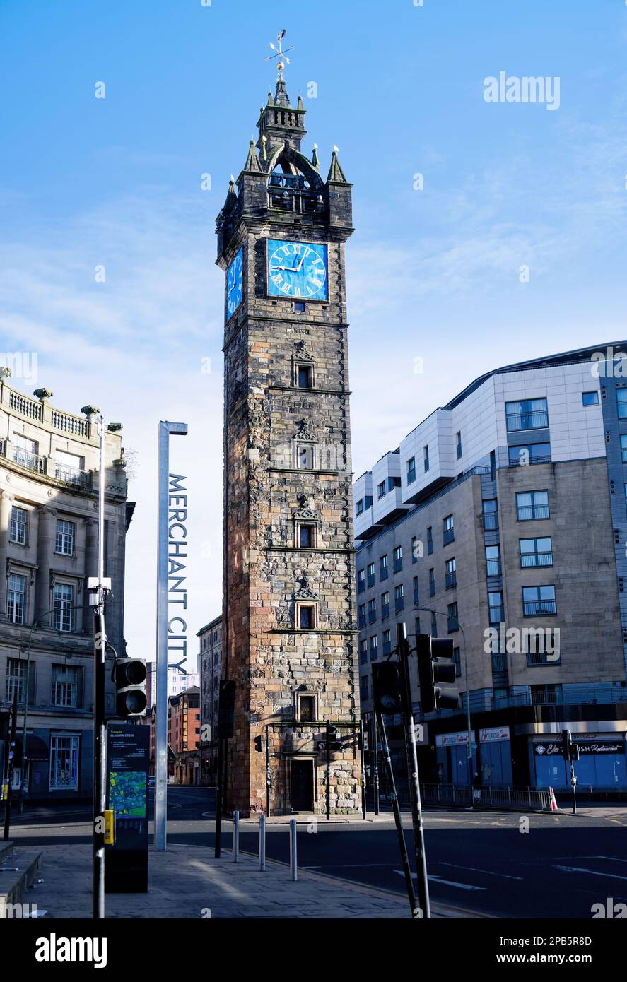 Tolbooth Clock Steeple Tower in Merchant City area of Glasgow Stock Photo