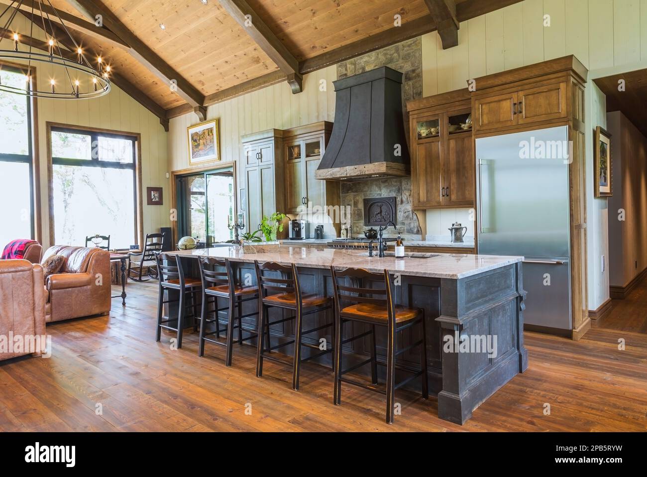 Antique charcoal pine wood island with nuanced light grey granite