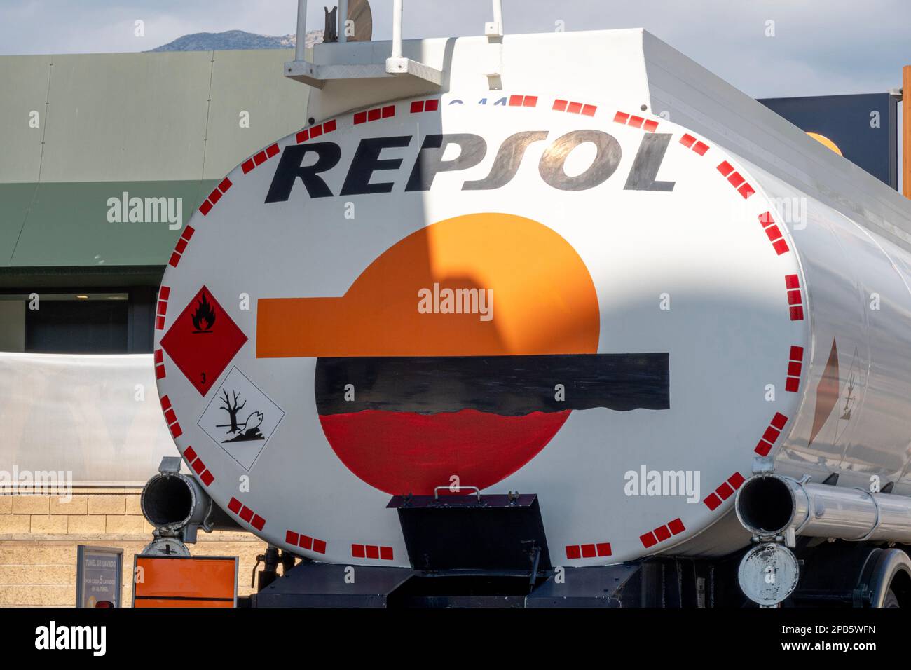 Finestrat, Spain March 2, 2023 Repsol fuel delivery tanker in gas