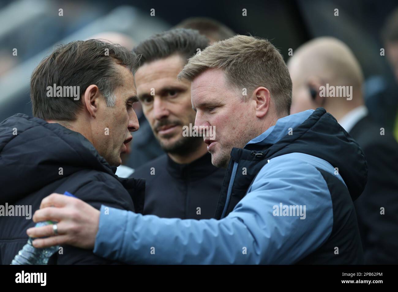 Newcastle United manager Eddie Howe greets Wolverhampton Wanderers' manager Julen Lopetegui during the Premier League match between Newcastle United and Wolverhampton Wanderers at St. James's Park, Newcastle on Sunday 12th March 2023. (Photo: Mark Fletcher | MI News) Credit: MI News & Sport /Alamy Live News Stock Photo