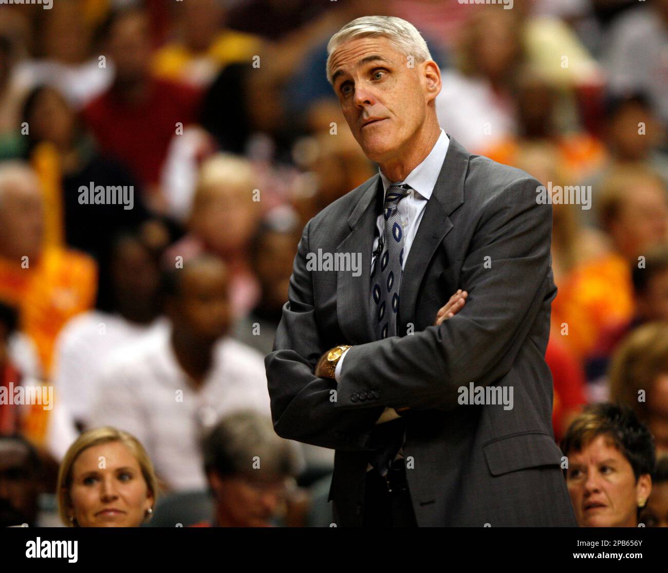 Indiana Fever head coach Brian Winters looks at the officials while playing  the Detroit Shock in the second half of a second-round WNBA eastern  conference finals basketball game in Indianapolis, Friday, Aug.