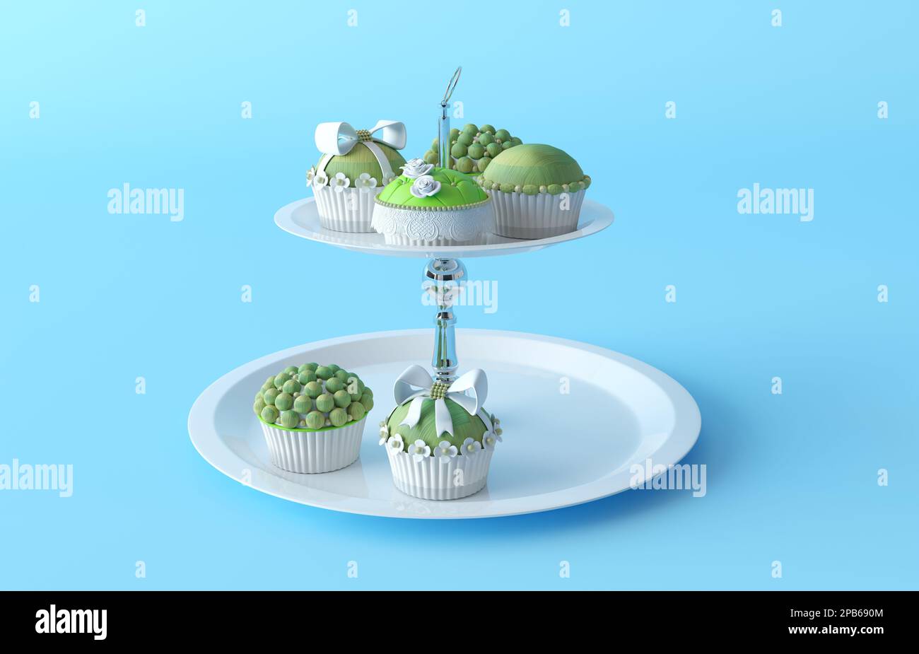 Illustration of a cupcake stand with cupcakes. Plastic decorated green cupcakes with bow and balls on a metal round multi-level stand. 3d render Stock Photo