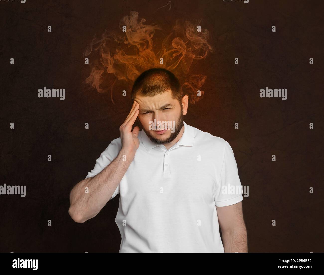 Man having headache on brown background. Illustration of fire