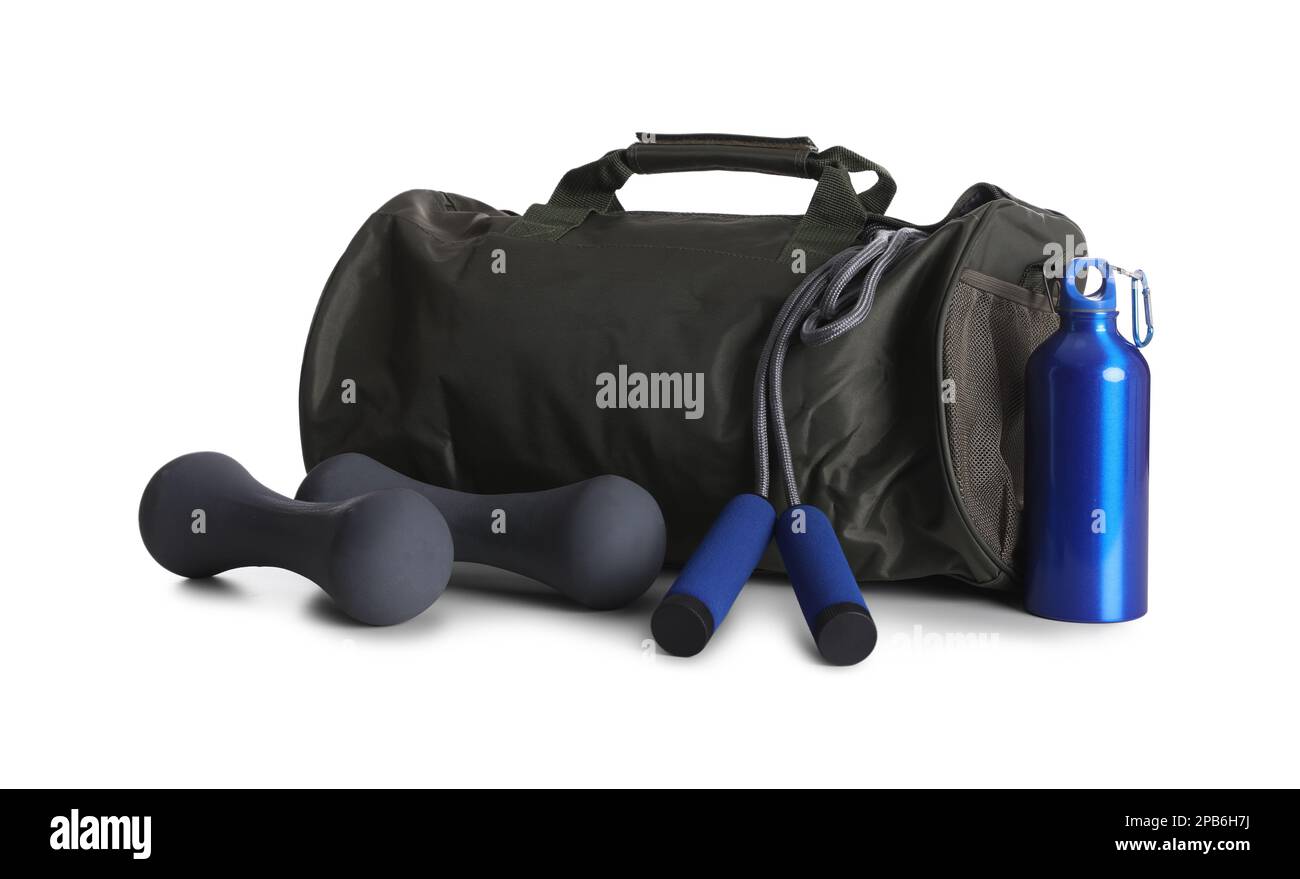 Sports bag and gym equipment on white background Stock Photo - Alamy