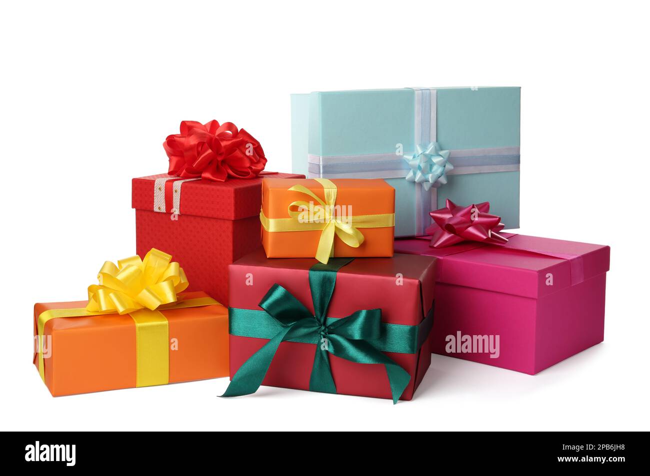 Colorful gift boxes with bows on white background Stock Photo - Alamy