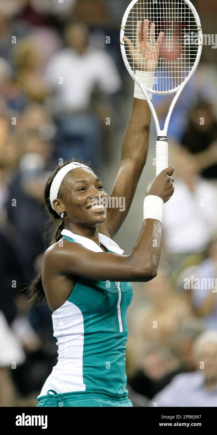 Venus Williams of the United States celebrates her win over Kira Nagy of  Hungary during the first round of the US Open tennis tournament in New  York, Monday, Aug. 27, 2007. (AP