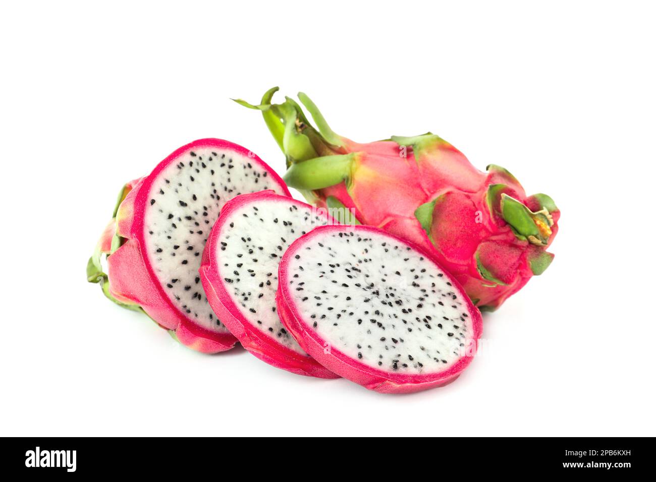 Delicious Cut And Whole Pitahaya Fruits On White Background Stock Photo Delicious Cut And Whole Pitahaya Fruits On White Background 2PB6KXH