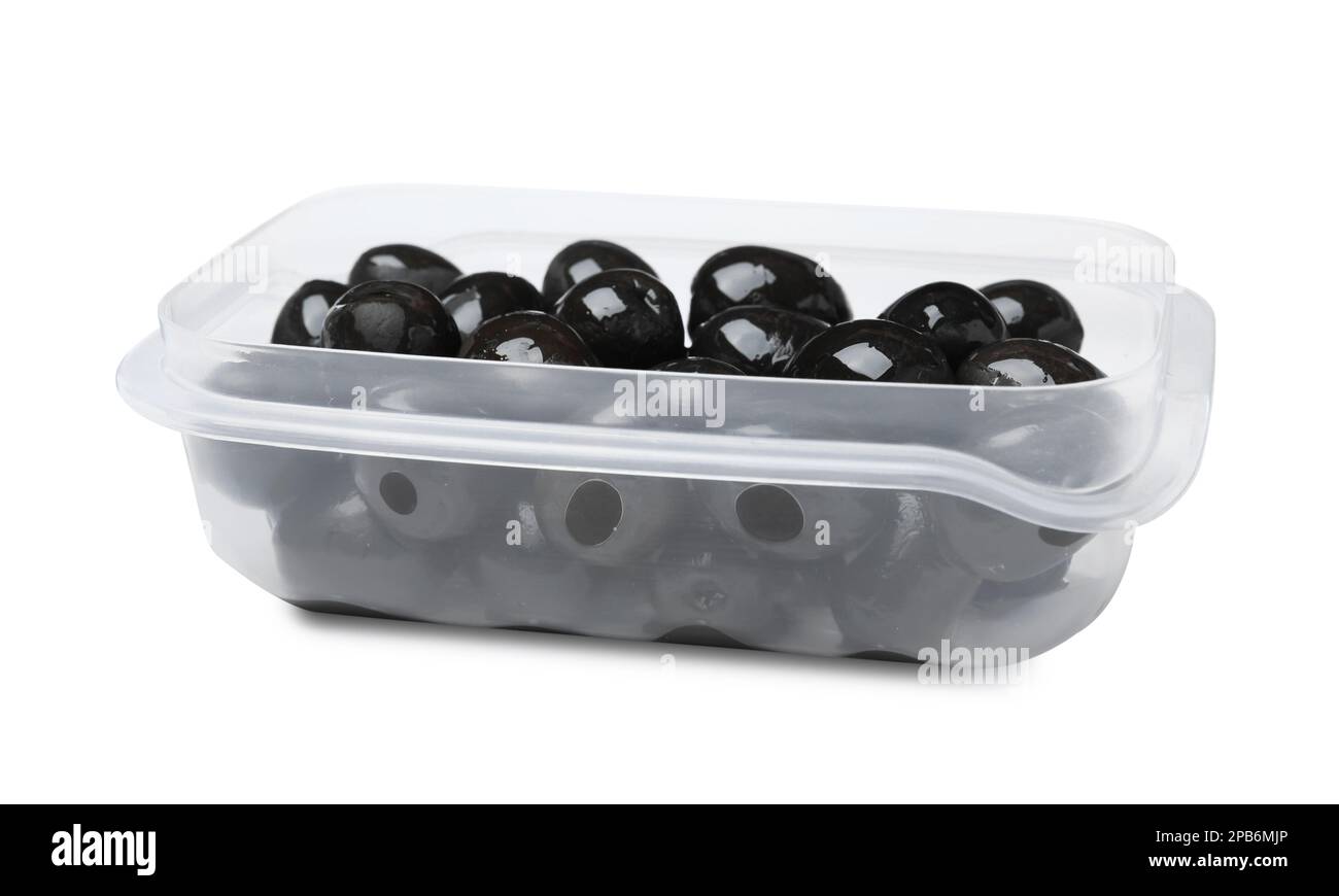 Fresh black olives in plastic container isolated on white Stock Photo Alamy